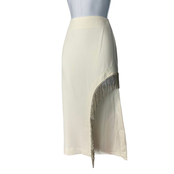 NBD White Rhinestone Fringe Midi Skirt SMALL Side Slit Western Revolve $178 NEW - Picture 7 of 10